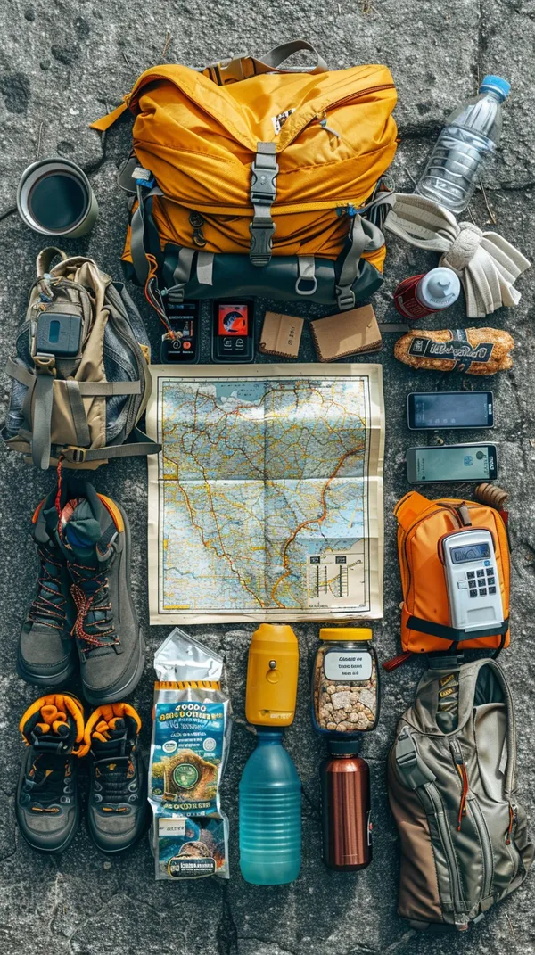 Flat lay of hiking gear on stone: pack, boots, map and bottles