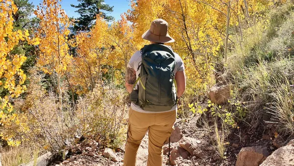 Hiker with a pack walking a golden aspen trail